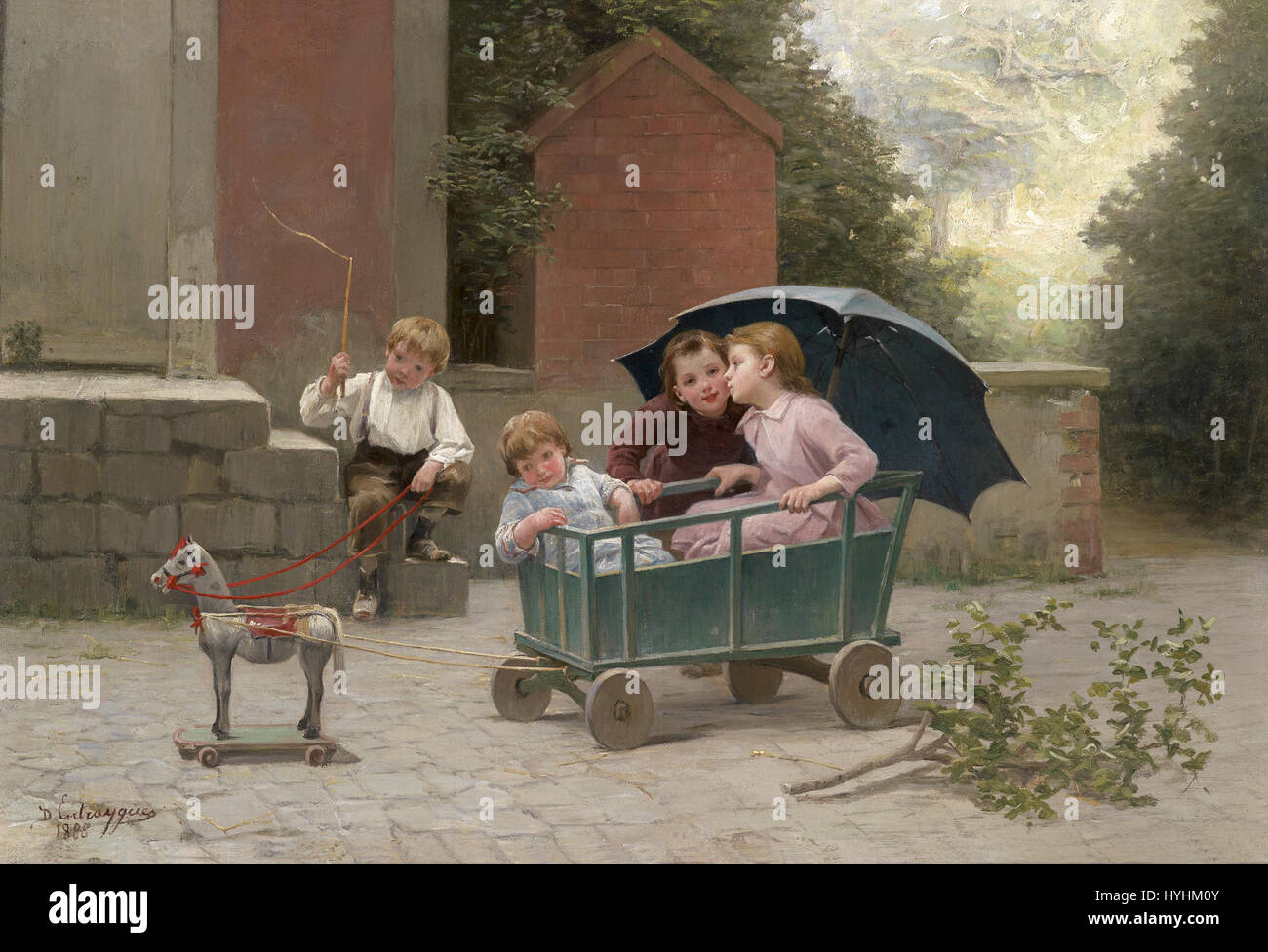 Le tableau de 1888 de Charles Bertrand d'Entraygues 'Das kleine Zugpferd' présente un petit cheval de trait, probablement une partie d'une scène rurale, mettant en valeur la force et la détermination des animaux de travail à la fin du XIXe siècle. L’attention de l’artiste sur cet animal humble mais essentiel capture la vie rurale et l’importance agricole des chevaux à cette époque. Banque D'Images