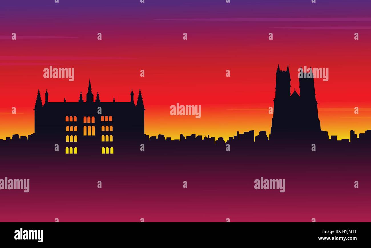 London city Silhouette sur fond rouge scenery Illustration de Vecteur