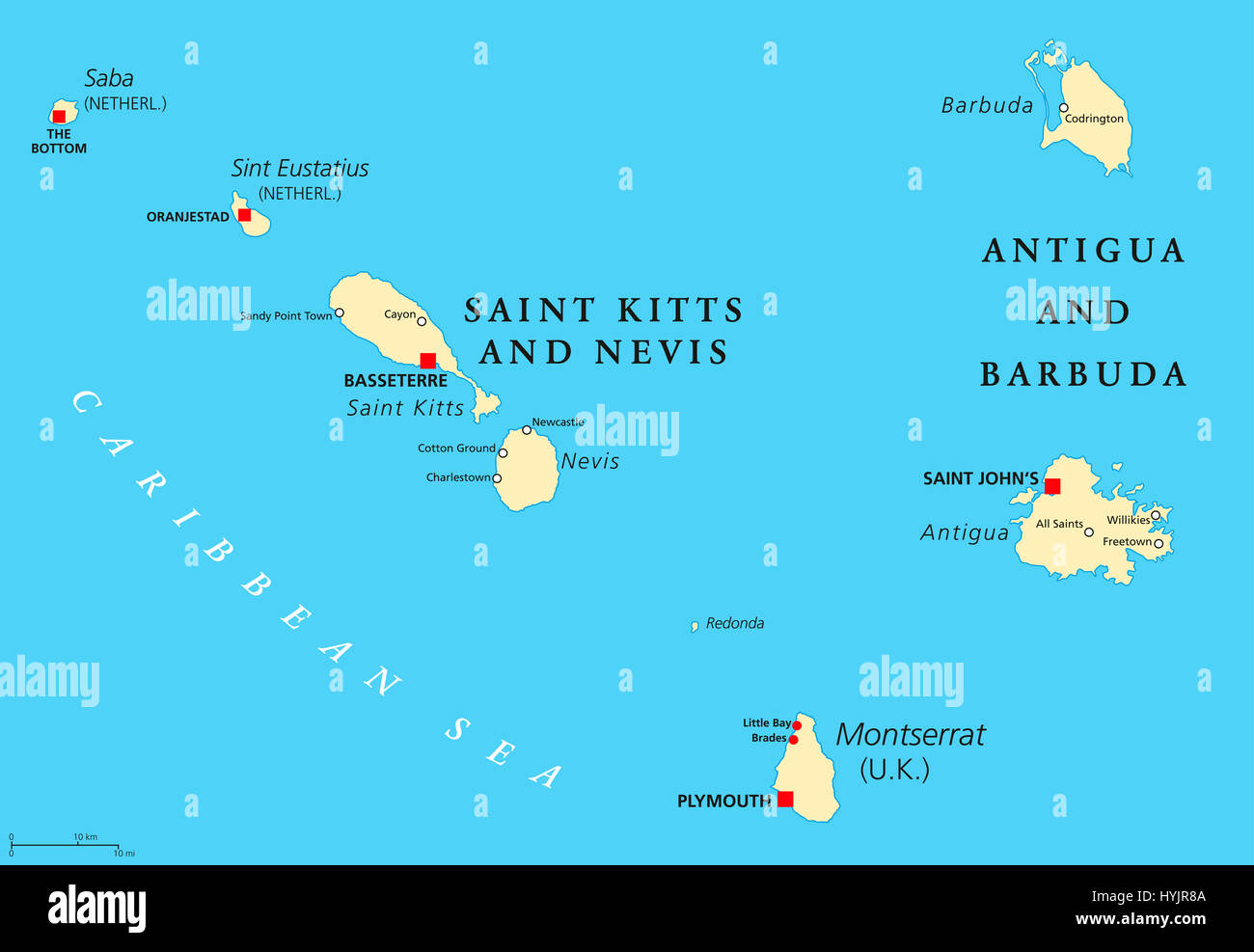 Saint Kitts-et-Nevis, Antigua-et-Barbuda, Montserrat, Saba et Saint-Eustache carte politique. Îles de la mer des Caraïbes. Banque D'Images
