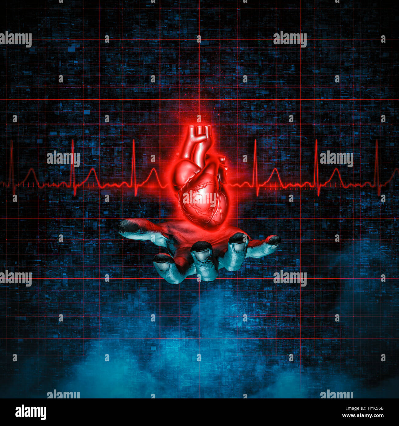 Battement de coeur main / 3D illustration du coeur humain au-dessus de main ouverte avec le rythme cardiaque Banque D'Images