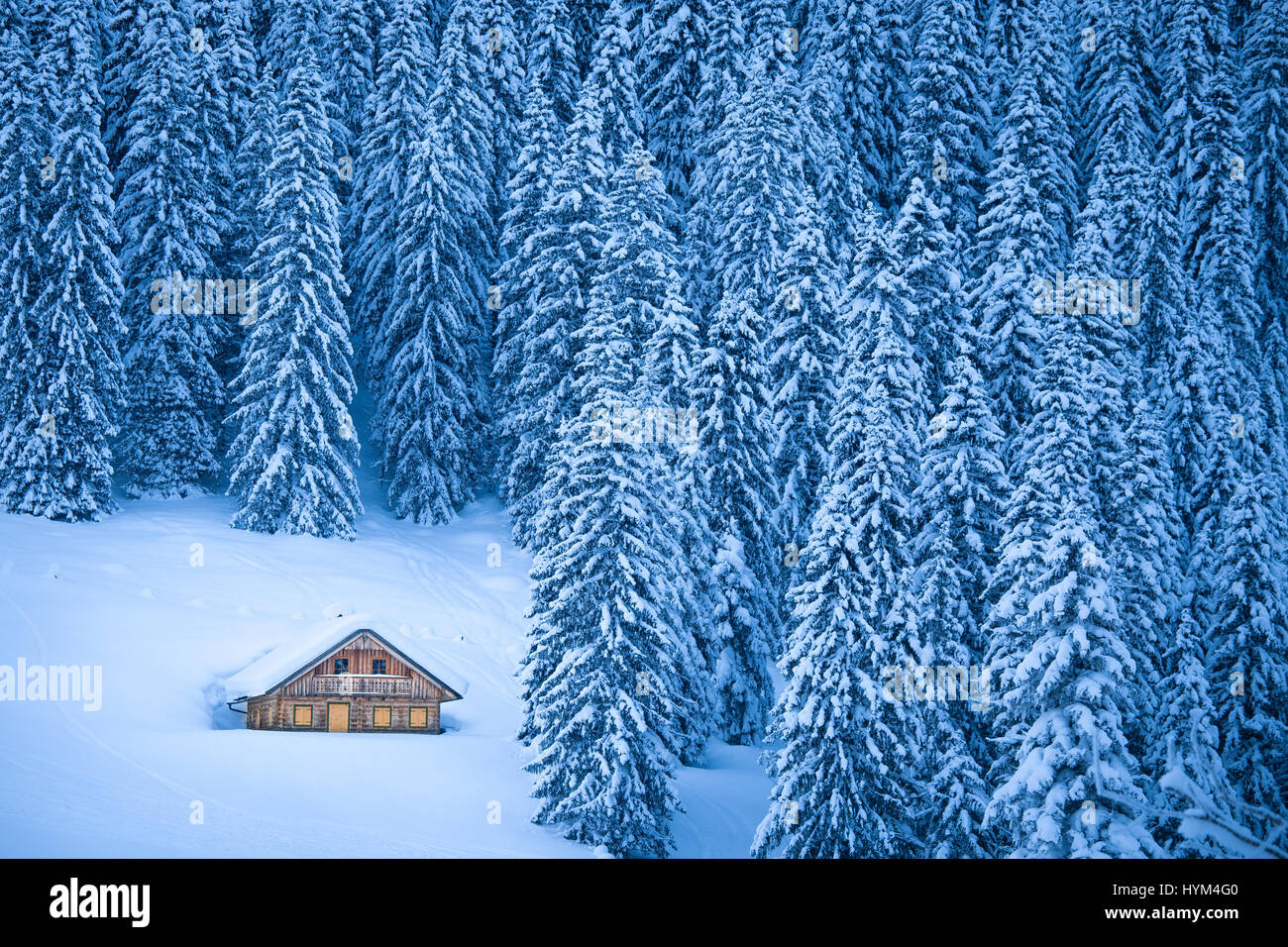 Belle vue d'un chalet de montagne traditionnel en bois isolé dans la forêt idyllique dans les Alpes par une froide journée ensoleillée en hiver, Salzkammergut, Gosausee, jusqu Banque D'Images
