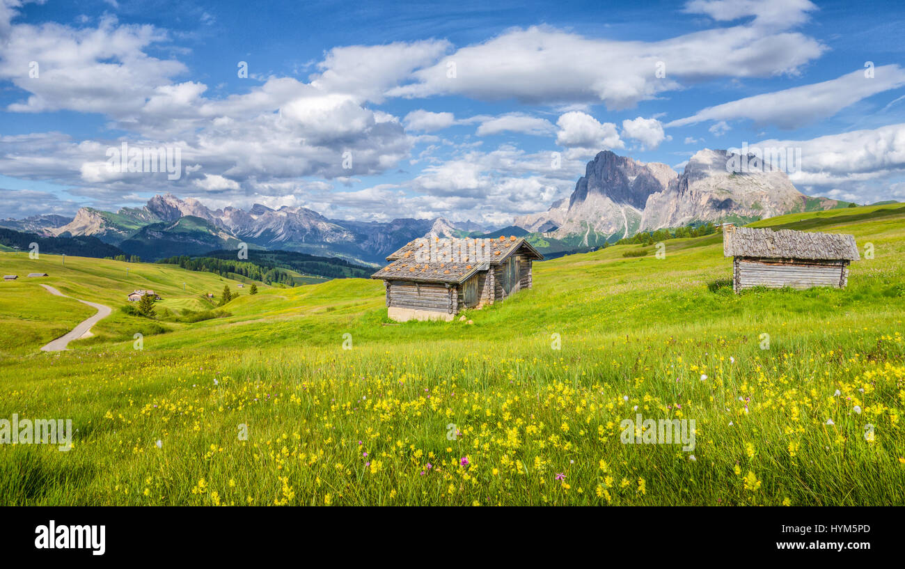 Belle vue sur le paysage de montagne alpin idyllique avec des vieux chalets de montagne et des prairies vertes sur une journée ensoleillée avec ciel bleu au printemps Banque D'Images