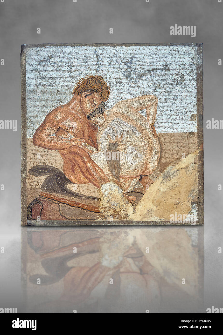 Mosaïque romaine de satyre et Ninfa de la Casa del Fauno (Maison du Faune) Pompéi, inv 27707 , Musée Archéologique National de Naples , art gris retour Banque D'Images