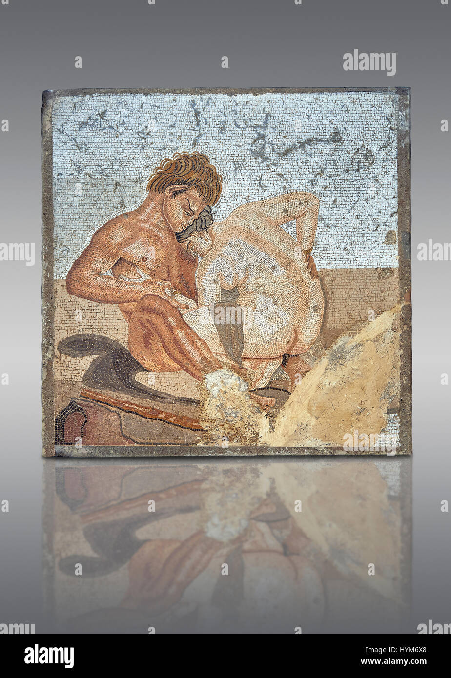 Mosaïque romaine de satyre et Ninfa de la Casa del Fauno (Maison du Faune) Pompéi, inv 27707 , Musée Archéologique National de Naples , gris backgrou Banque D'Images