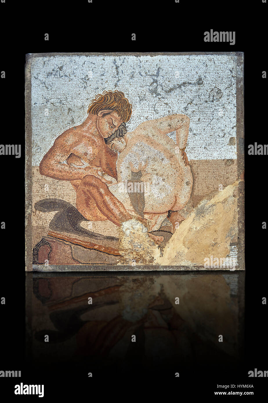 Mosaïque romaine de satyre et Ninfa de la Casa del Fauno (Maison du Faune) Pompéi, inv 27707 , Musée Archéologique National de Naples , black background Banque D'Images