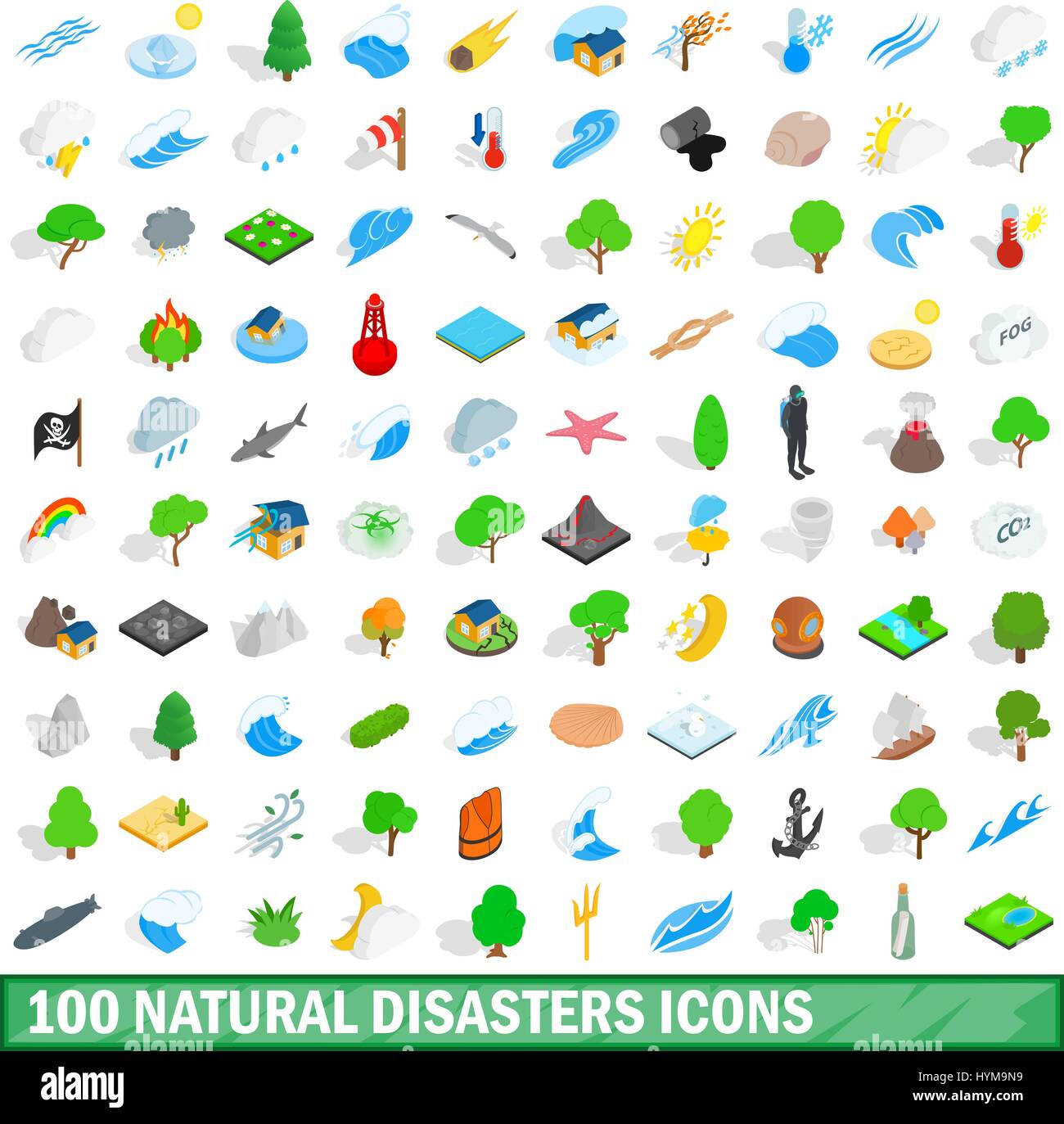 100 catastrophes naturelles icons set, style isométrique Illustration de Vecteur