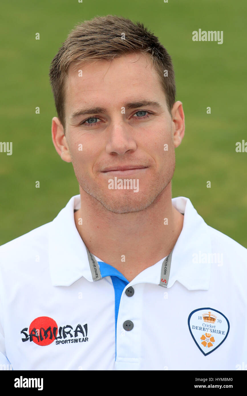 Le Derbyshire Luis Reece au cours de la journée des médias au County Cricket Ground, Derby Banque D'Images