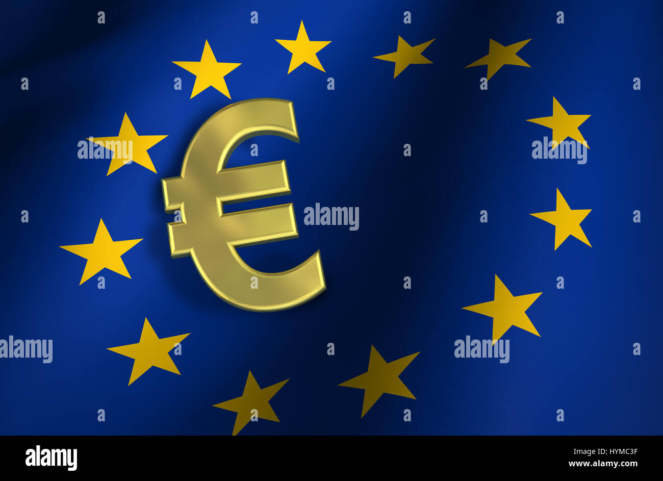 Drapeau de l'Union européenne et de l'euro et l'icône d'or signer marché communautaire de l'Union européenne symbole 3d illustration concept arrière-plan. Banque D'Images