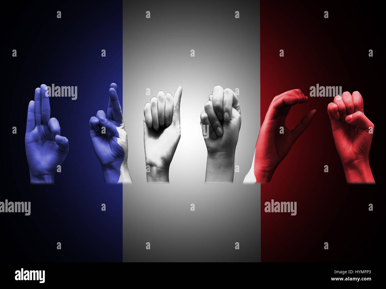 Mot france plus le drapeau français signe sourds sur noir Banque D'Images