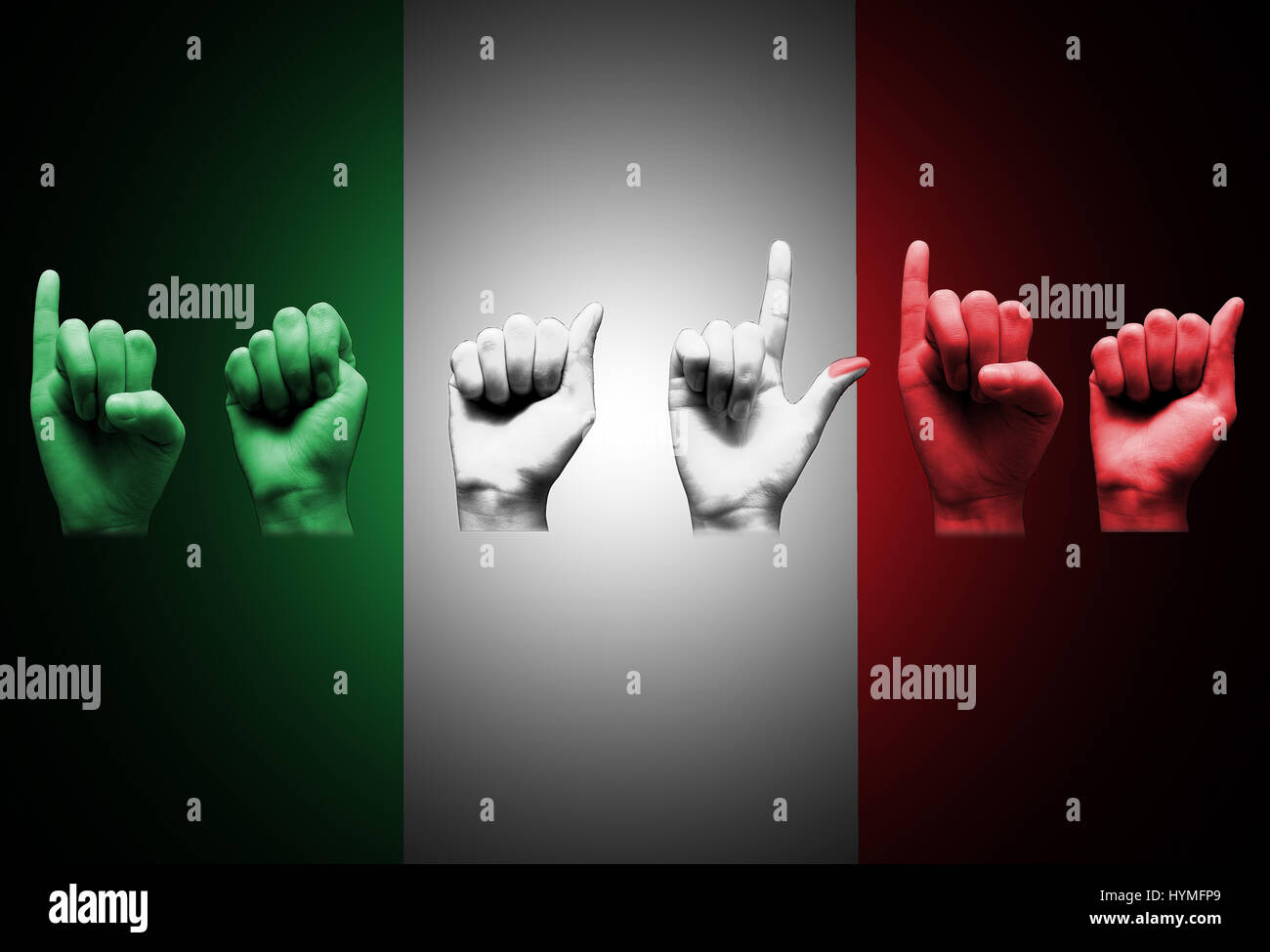 Mot sur le drapeau italien italia signe sourds sur noir Banque D'Images