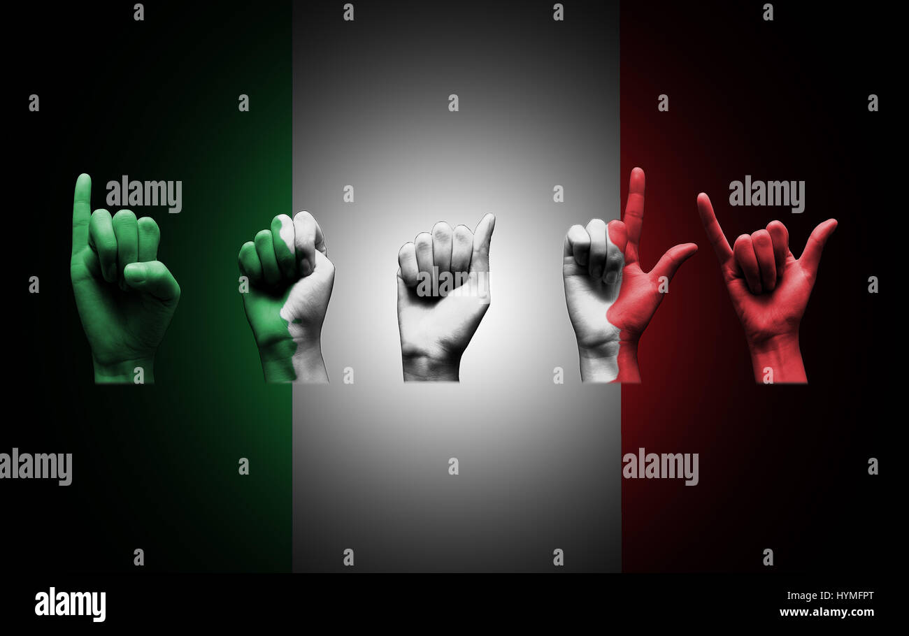 Parole l'Italie sur le drapeau italien signe sourds sur noir Banque D'Images