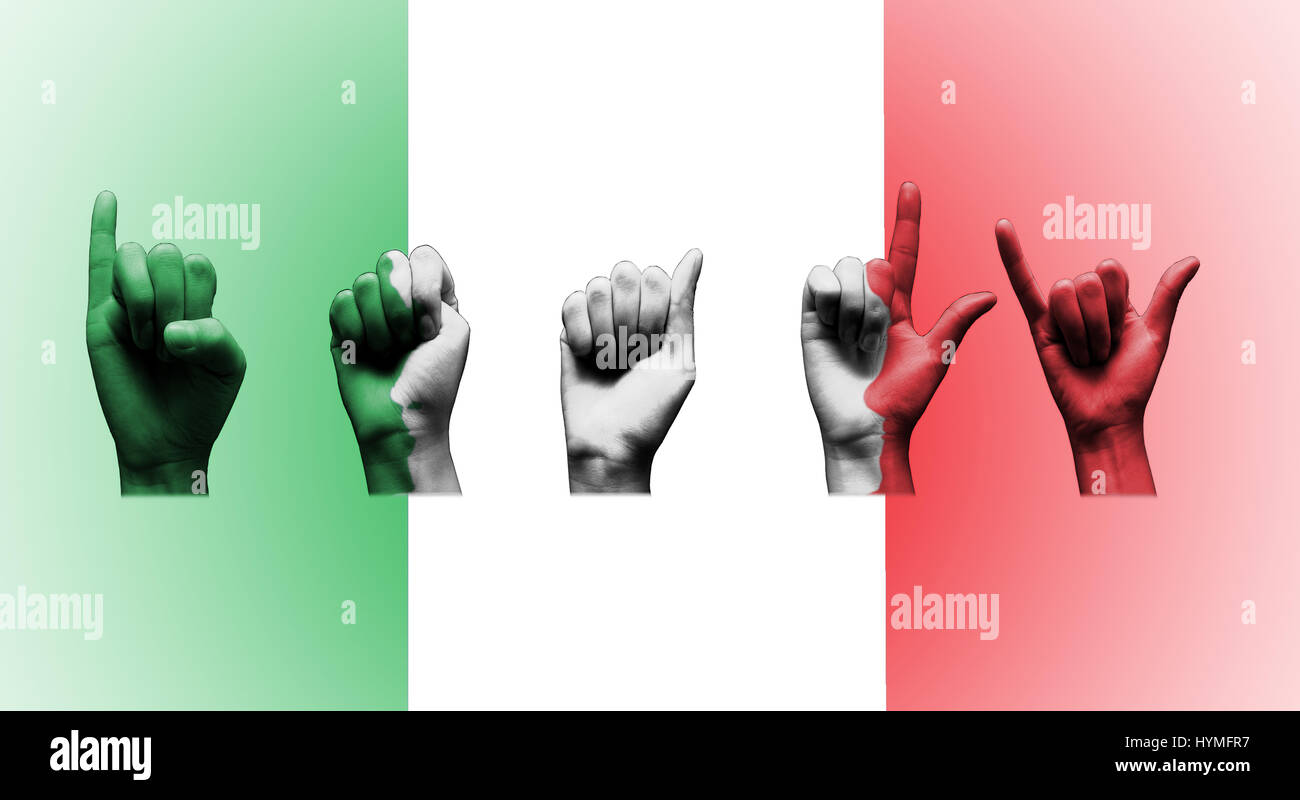 Parole l'Italie sur le drapeau italien deaf sign on white Banque D'Images