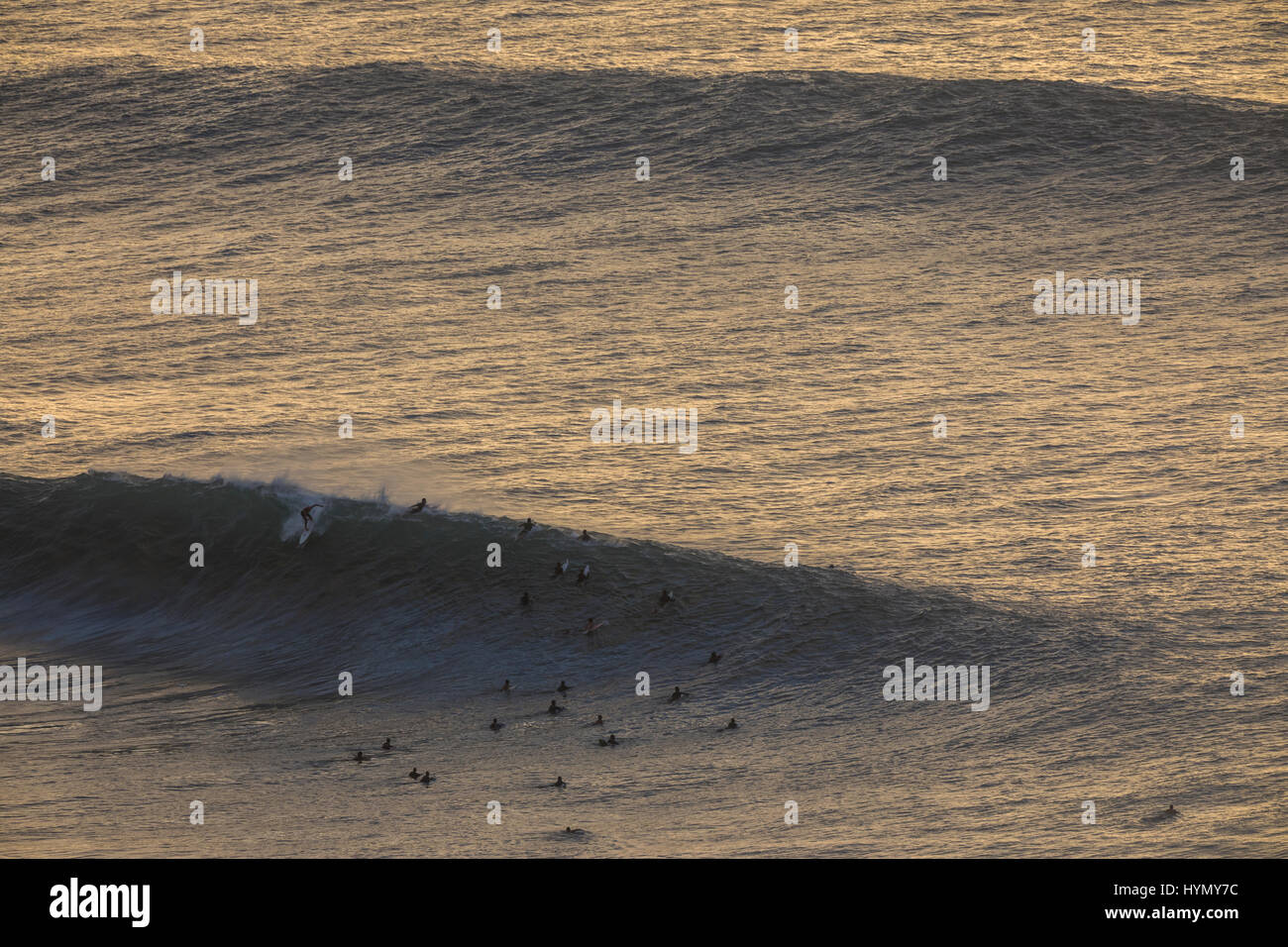 Un high angle view of a surfer une vague de capture au cours d'une forte houle à pipeline sur la côte nord d'Oahu. Banque D'Images