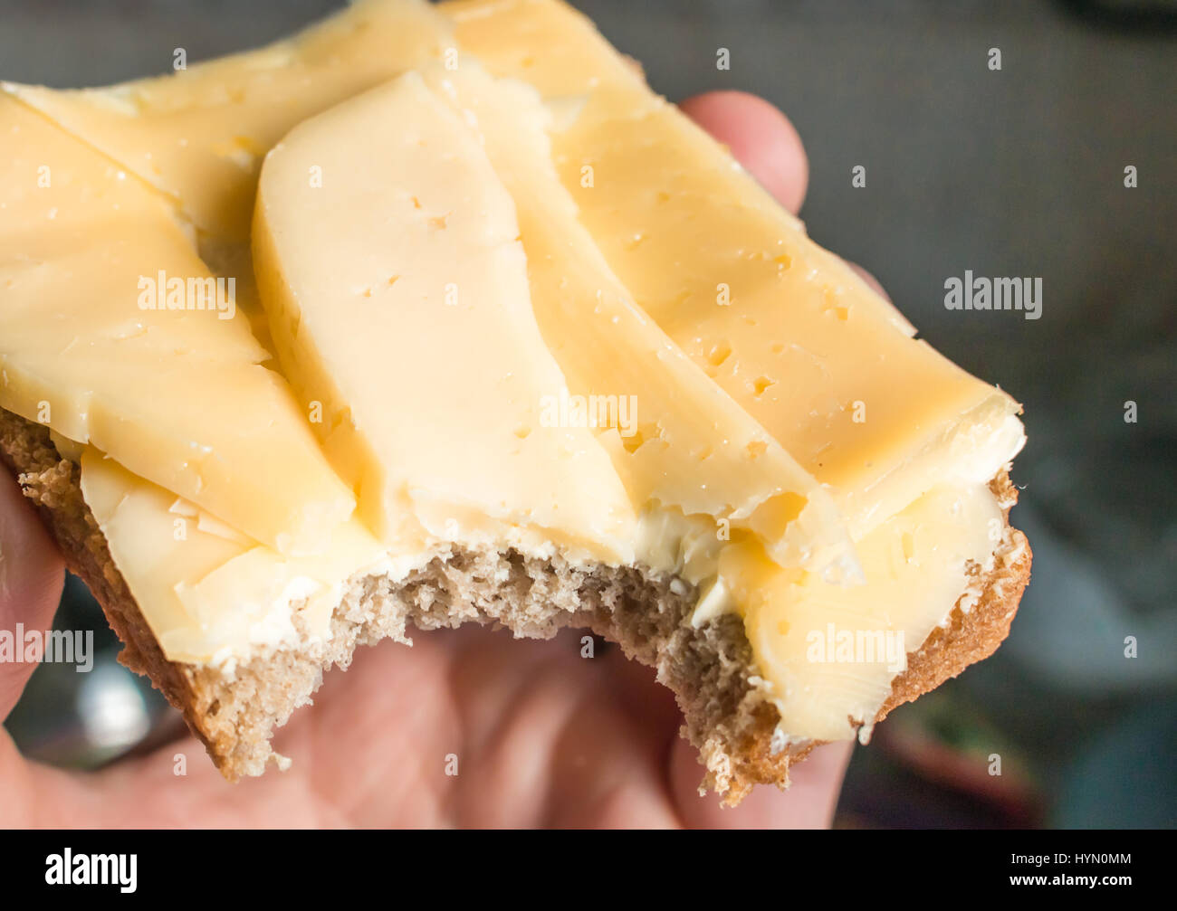 Bitten sandwich fait de pain de seigle, de beurre et de fromage dans la main d'un homme dans les rayons d'un soleil du matin lumineux à proximité. Banque D'Images