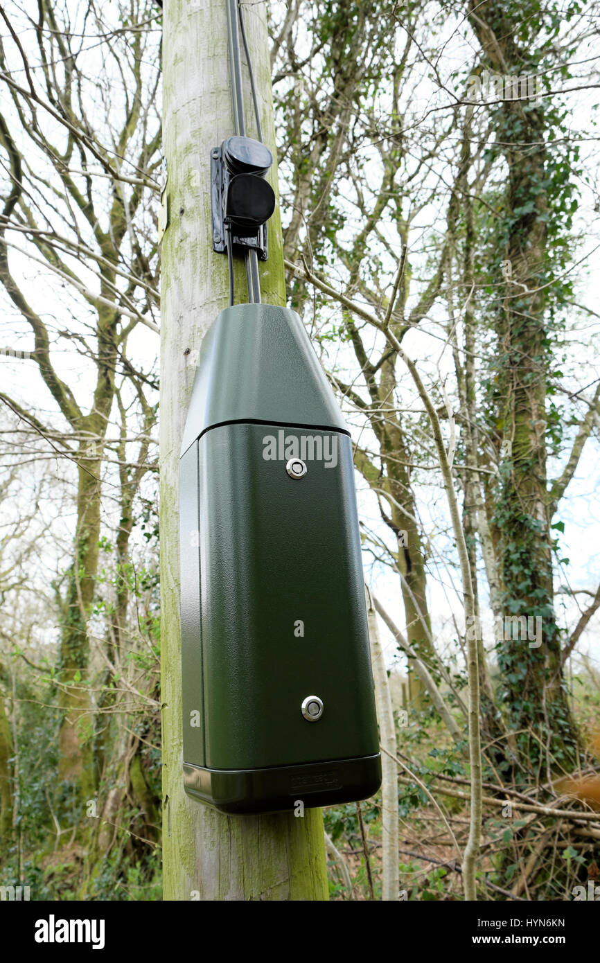 Boîte d'armoire à large bande verte BT Openreach installée sur un poteau télégraphique dans le pays de Galles rural Royaume-Uni KATHY DEWITT Banque D'Images