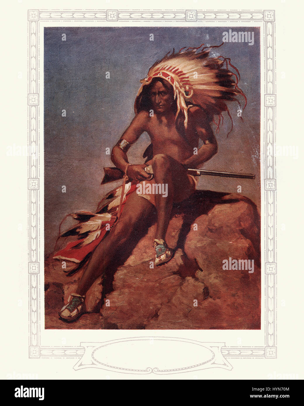 Vintage gravure d'un guerrier amérindien avec carabine, 1913 Banque D'Images