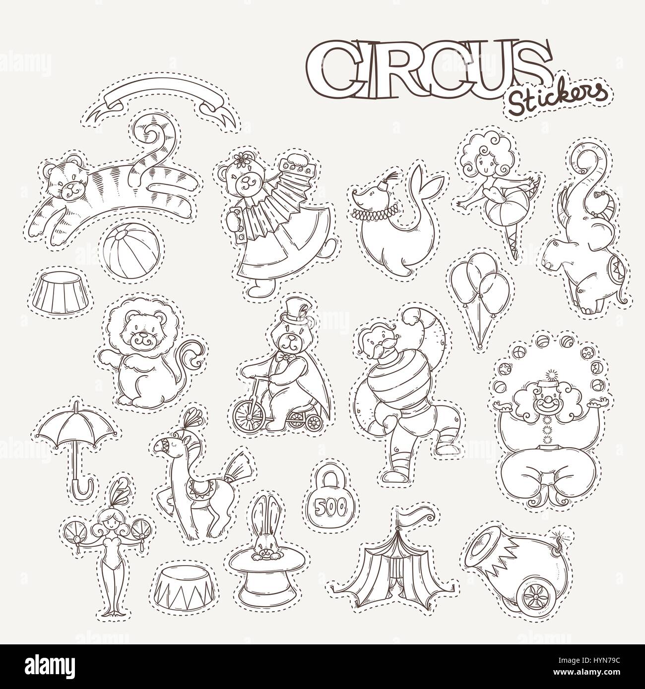 Cartoon Circus autocollants collection avec chapiteau tente et formé d'animaux sauvages. Illustration de Vecteur