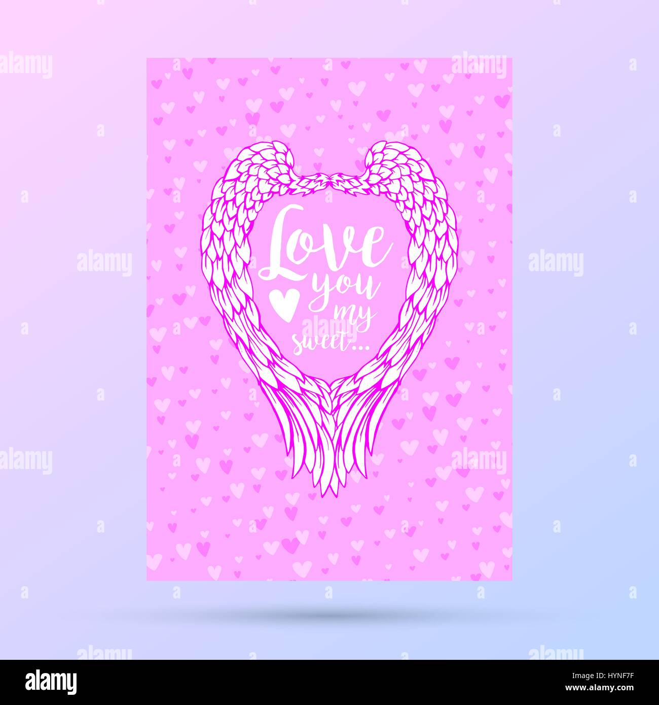 Les plumes et les ailes en forme de coeur du châssis, carte de Saint Valentin. Illustration de Vecteur