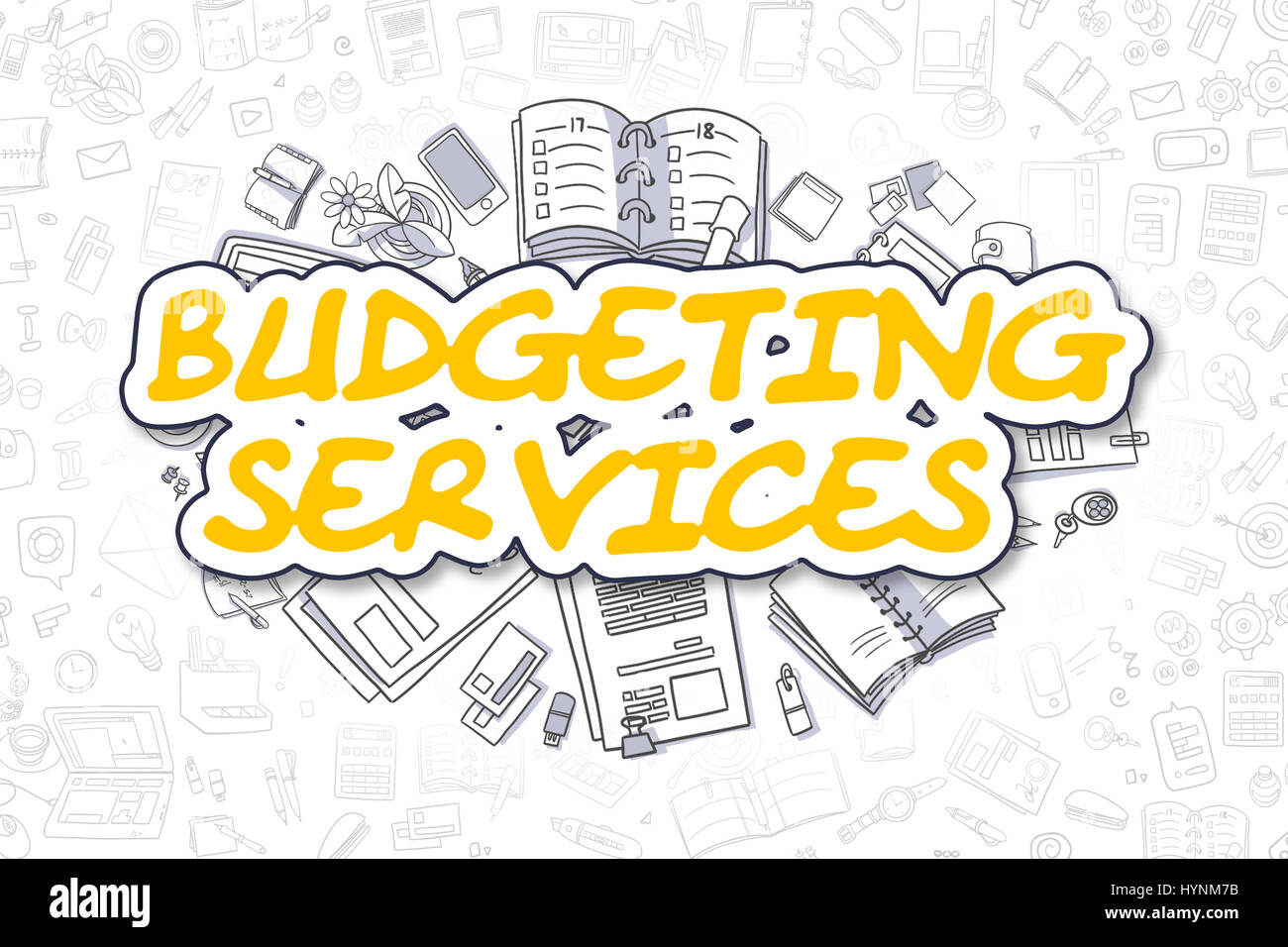 Services de budgétisation - Cartoon mot jaune. Concept d'entreprise. Banque D'Images