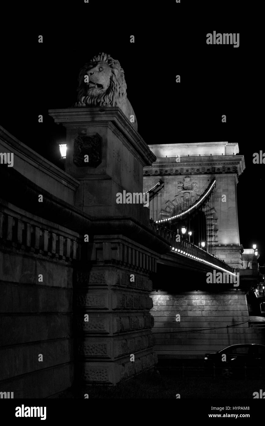 Les lions qui gardaient la chainbridge à Budapest Banque D'Images