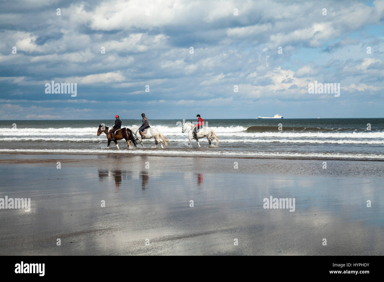 Trois femmes à cheval sur paris plage sur la côte du Nord-Est de l'Angleterre, Royaume-Uni Banque D'Images