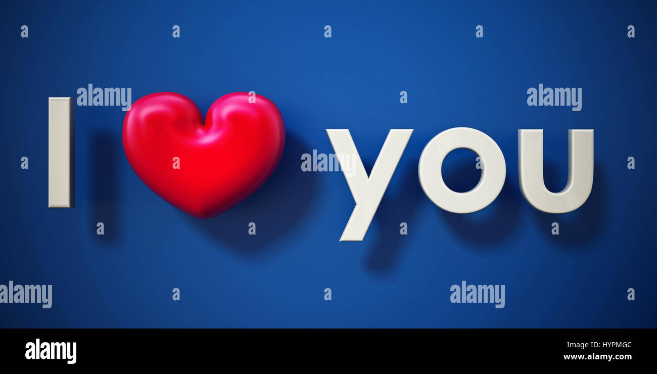 Je t'aime texte avec un cœur rouge sur fond bleu. 3D illustration. Banque D'Images