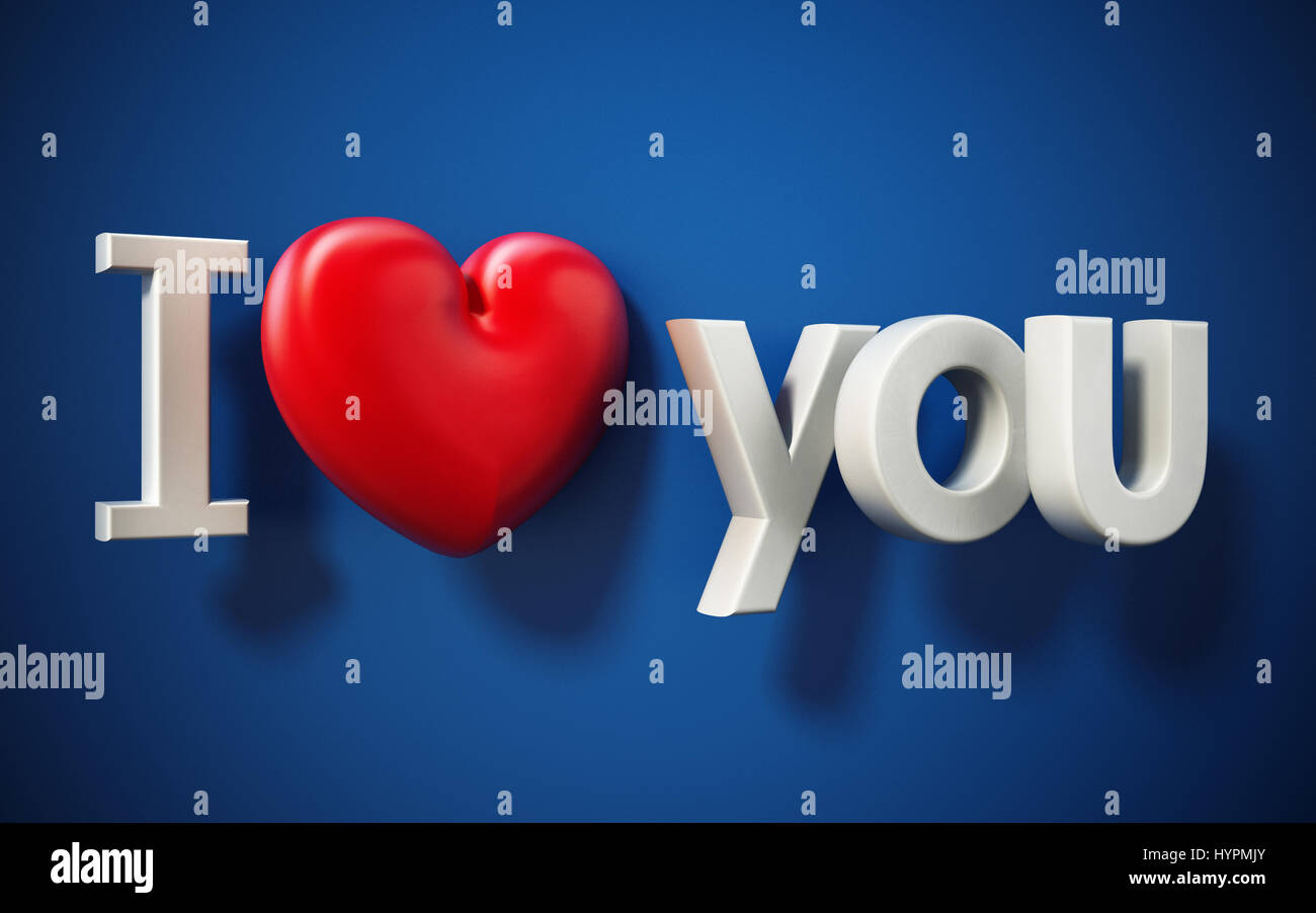 Je t'aime texte avec un cœur rouge sur fond bleu. 3D illustration. Banque D'Images
