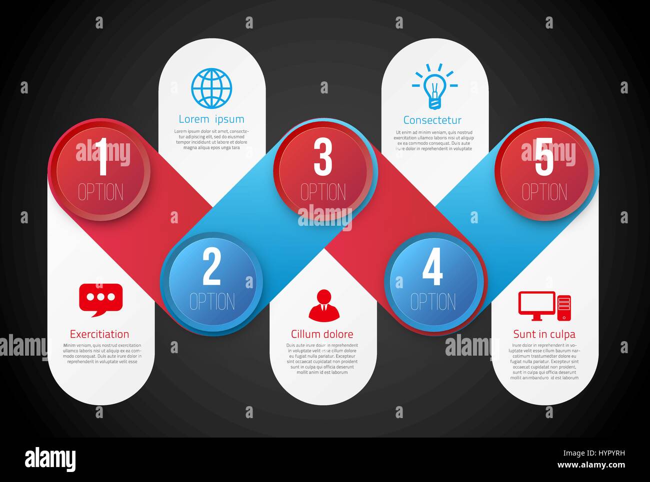 L'infographie avec 5 étapes ou options bleu et rouge Illustration de Vecteur