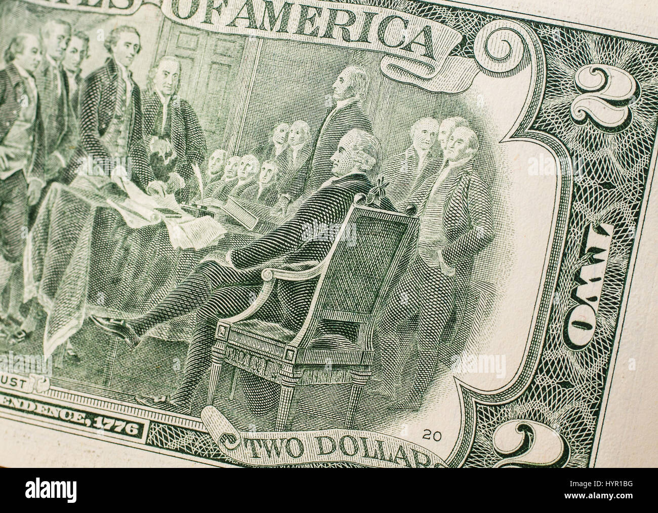 Libre de la Déclaration d'indépendance le dessin de l'arrière d'un deux dollars. Banque D'Images