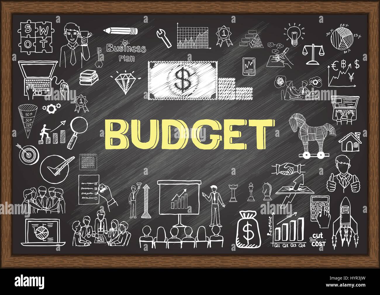 Icônes dessinées à la main sur LE BUDGET du tableau de surveillance. Illustrations vectorielles Illustration de Vecteur