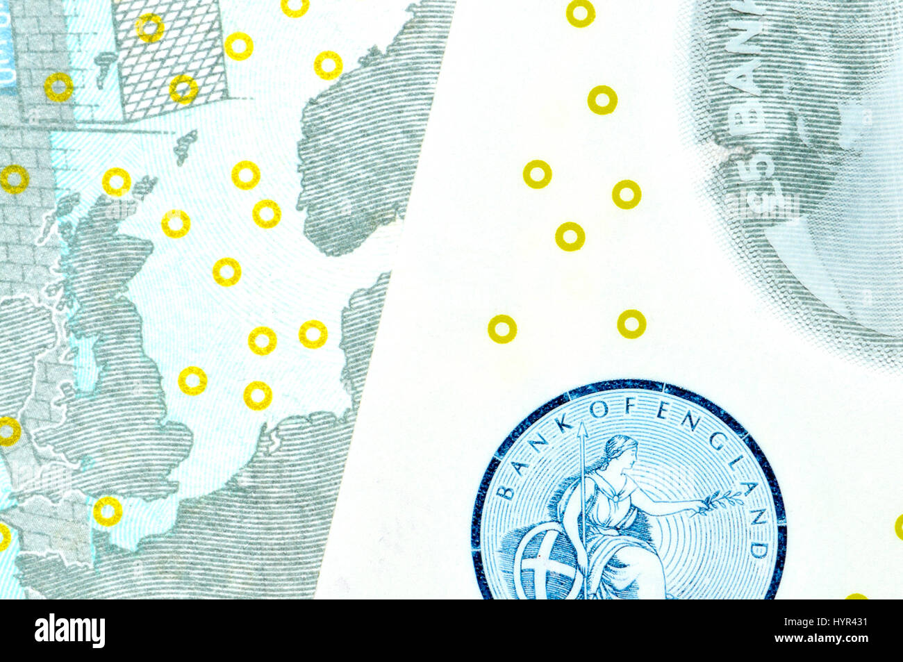 Nouveau polymère britannique £5 notes (2016) caractéristiques de sécurité : constellation Eurion - reconnaissance internationale Plan des points jaunes empêchant l'sauvegardée dansl Banque D'Images