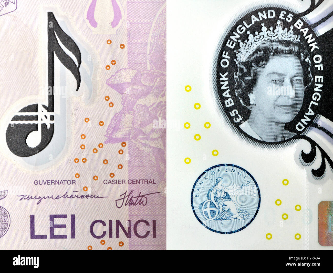 Polymère roumaine 5 Lei et £5 billets britannique - anti-contrefaçon de sécurité : transparent' et 'constellation Eurion - re à l'échelle internationale Banque D'Images