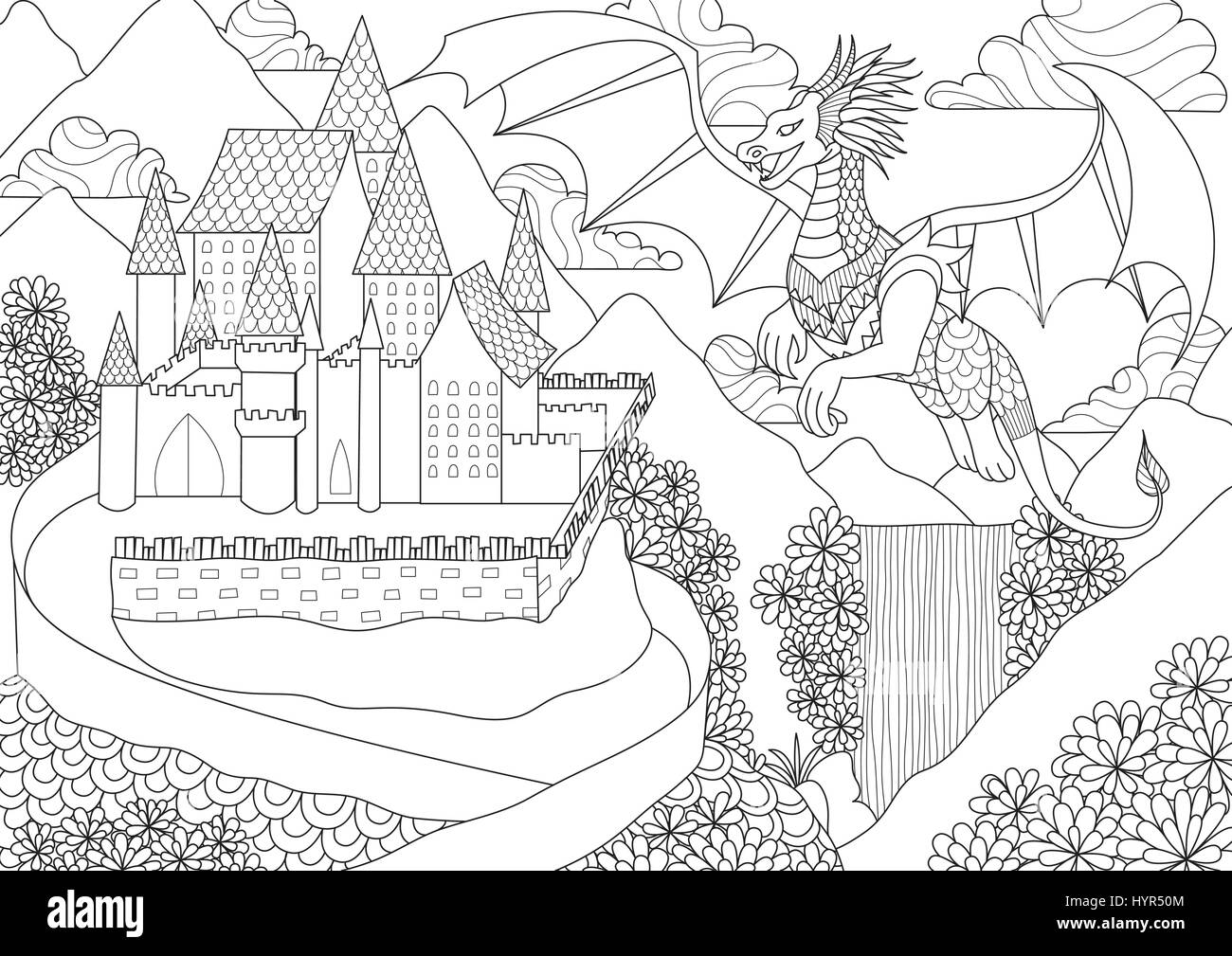 Un dragon volant obove beau ch¢teau sur la colline pour livre de coloriage adultes page