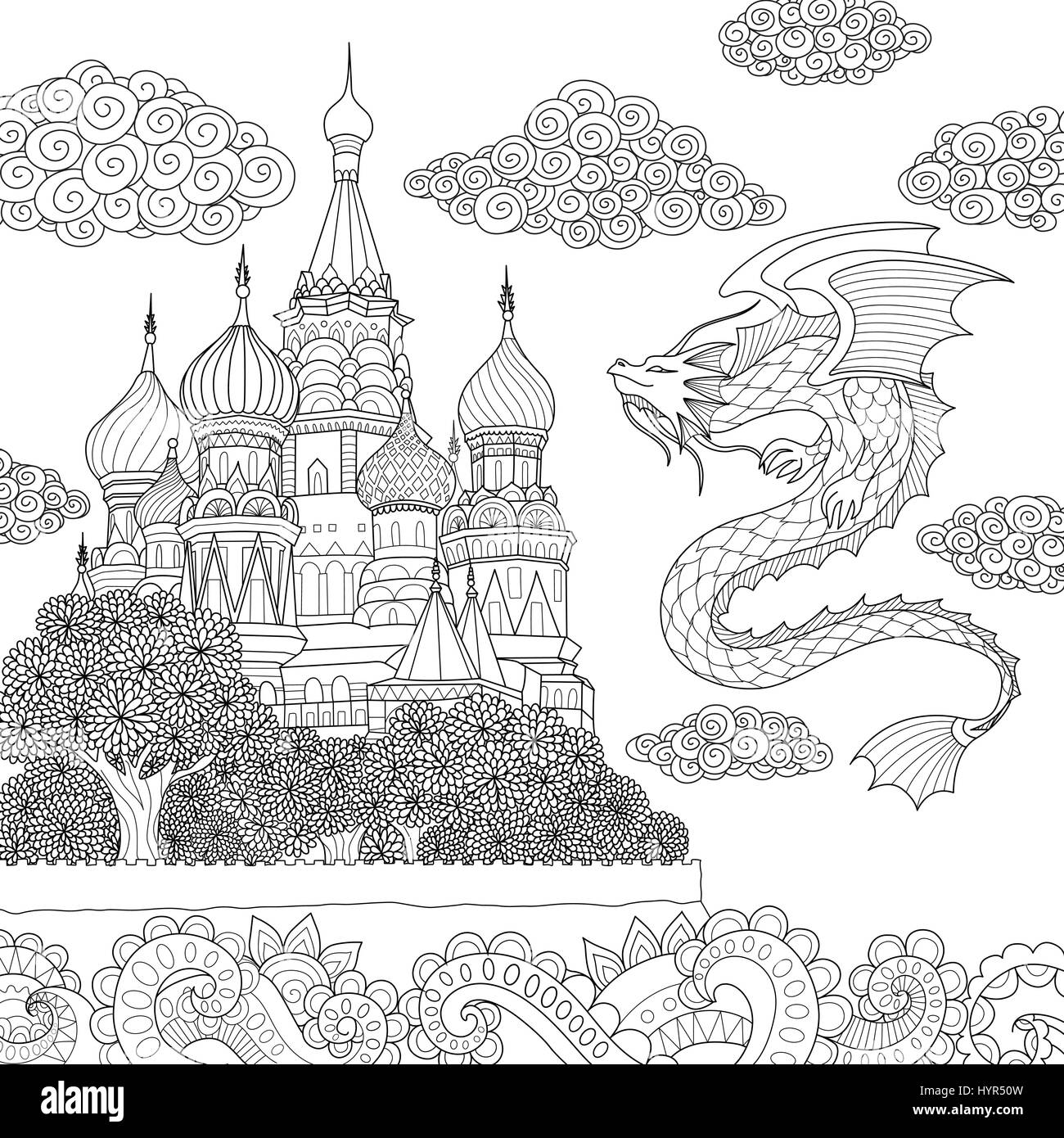 Dragon volant au dessus de la cathédrale russe de design livre de coloriage adultes page