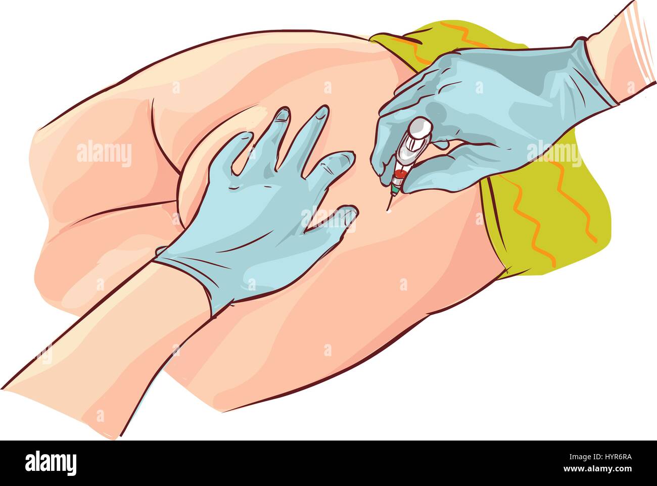 Dimensions de l'aspiration des mains gantées seringue à dorsogluteal site d'injection Illustration de Vecteur