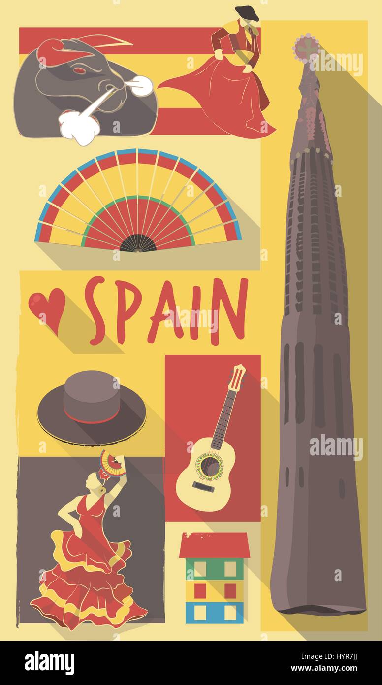 Les icônes de la culture espagnole sur l'affiche de la ville de voyage. Les symboles des cartes postales, cartons, affiches Illustration de Vecteur
