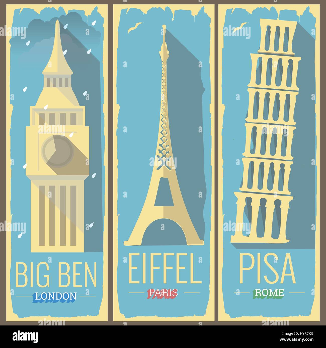 Tour de Big Ben, Londres et paris tour eiffel la tour de Pise rome style icône illustrations sur retro vintage poster design de carte postale Illustration de Vecteur