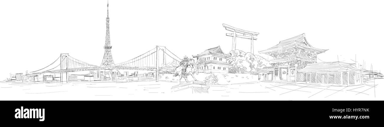 Vector dessin crayon tokyo vue panoramique Illustration de Vecteur
