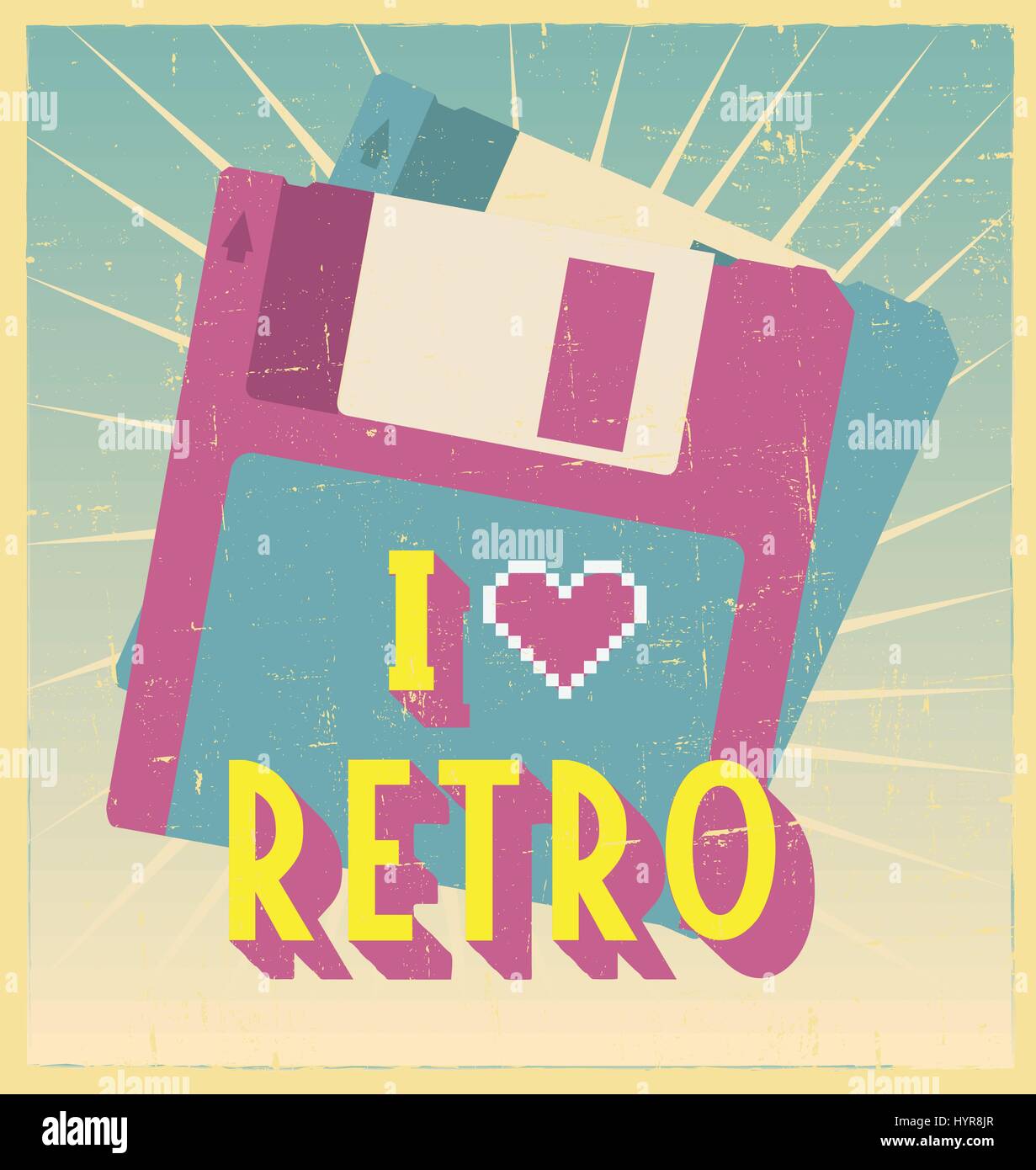 I love retro signe avec disquette sur une carte postale ou de l'affiche. Retro Vintage poster ou carte postale avec design Illustration de Vecteur