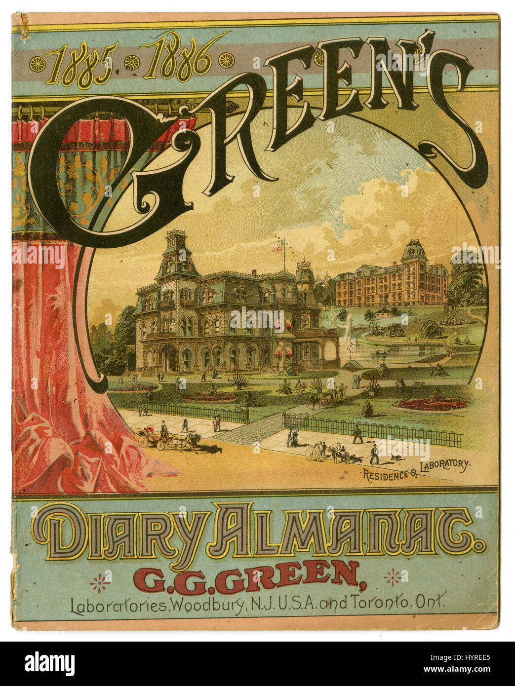 Couverture de l'Almanach du journal vert 1885-1886 par G.G. Vert, montrant la résidence & Laboratoire de Woodbury, New Jersey, USA. Banque D'Images