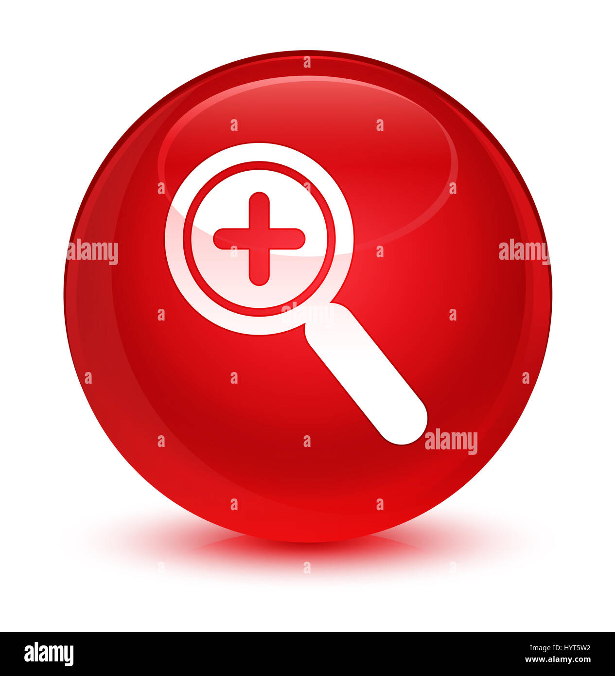 Dans l'icône Zoom isolé sur le bouton rond rouge vitreux abstract illustration Banque D'Images