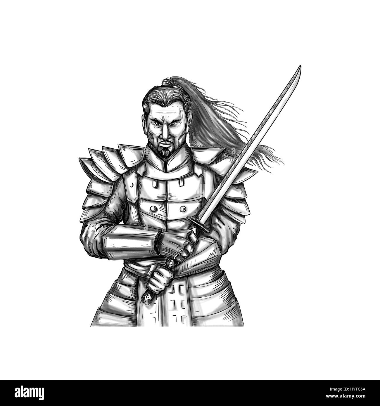 Illustration d'un style de tatouage Samurai Warrior holding katana sword une épée en position de combat vu de l'avant ensemble isolées sur fond blanc. Banque D'Images