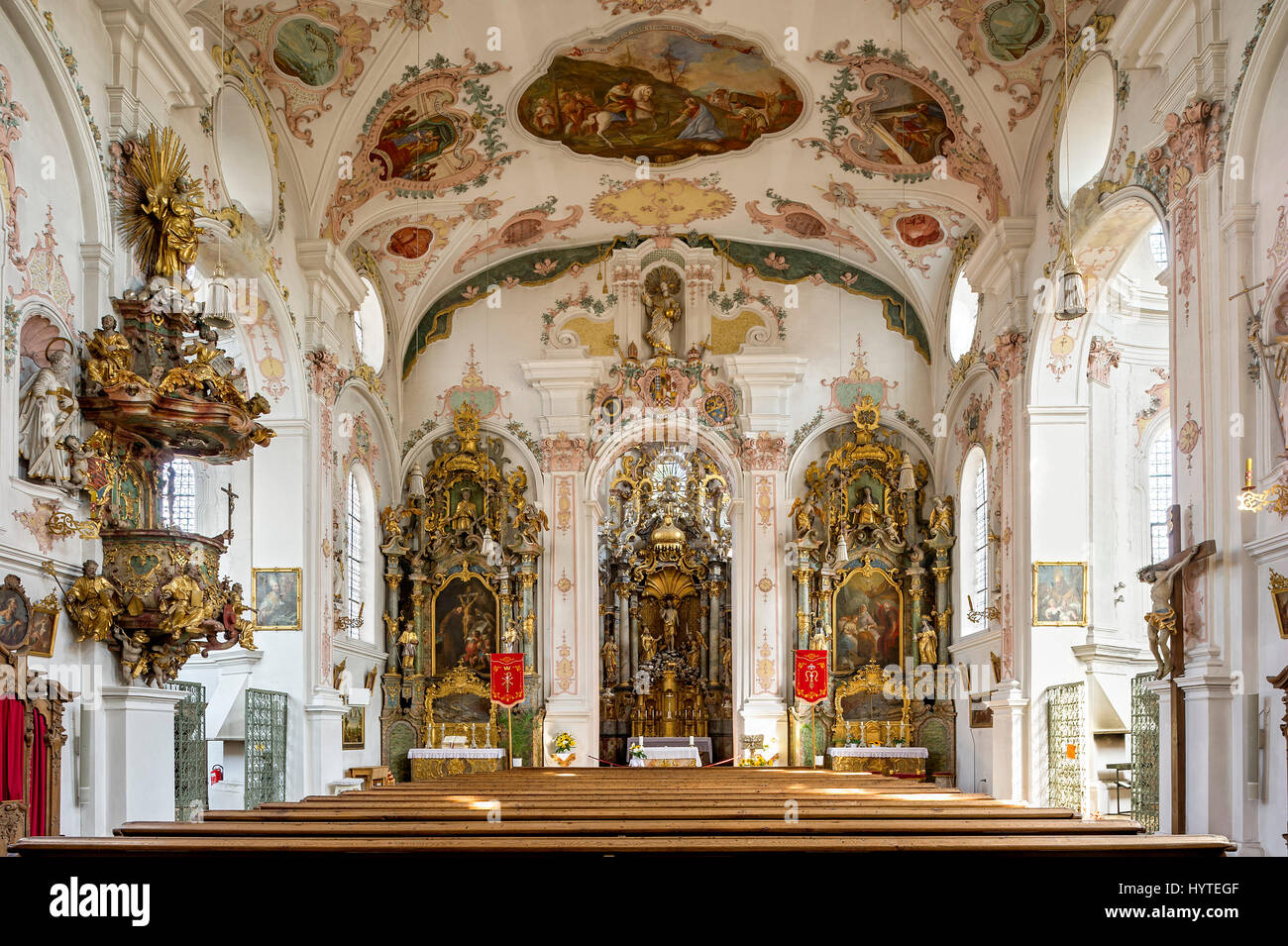 Église de pèlerinage de Maria Hilf, nef, de l'intérieur rococo, Klosterlechfeld, souabe, Bavière, Allemagne Banque D'Images