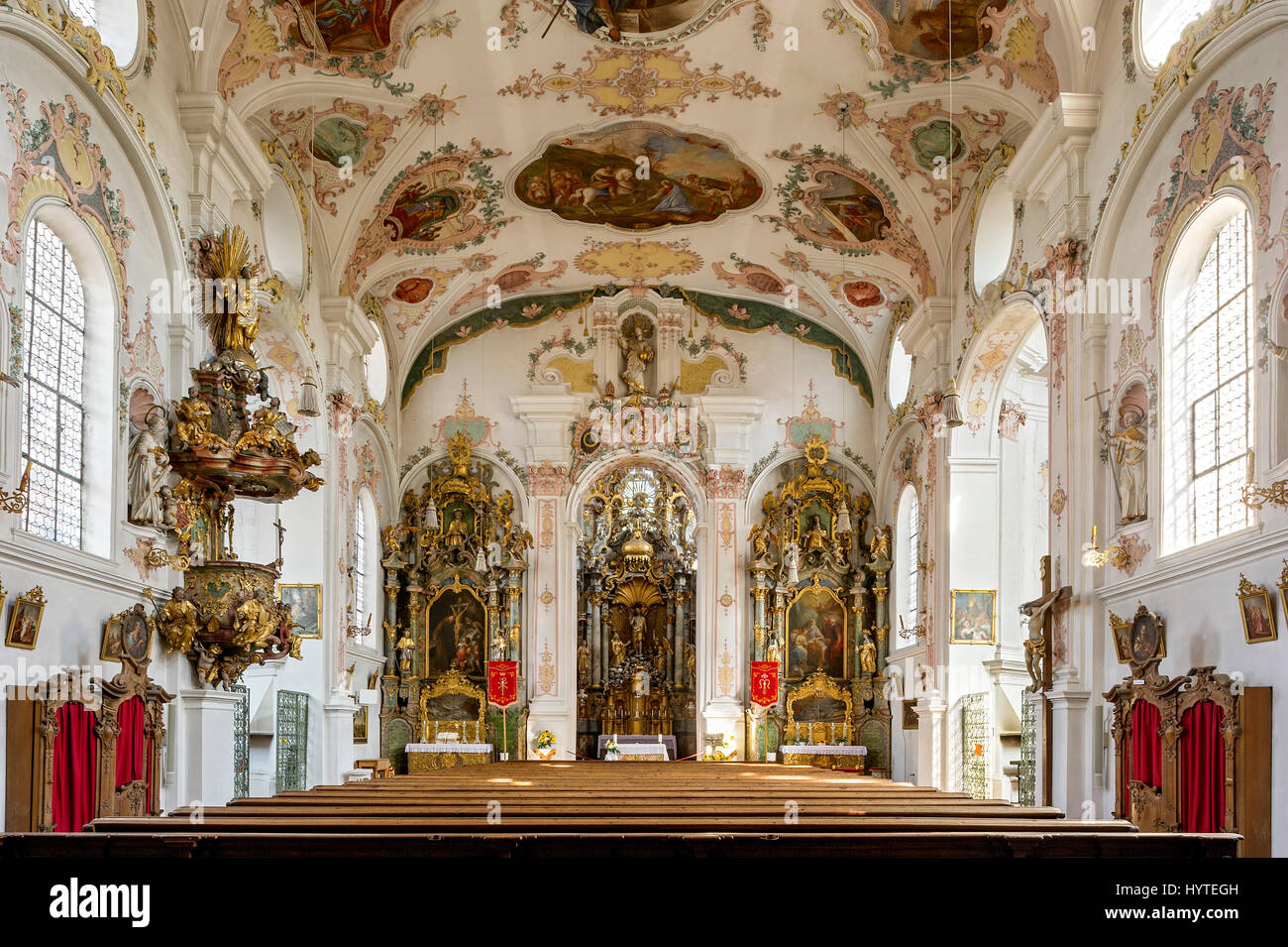 Église de pèlerinage de Maria Hilf, nef, de l'intérieur rococo, Klosterlechfeld, souabe, Bavière, Allemagne Banque D'Images