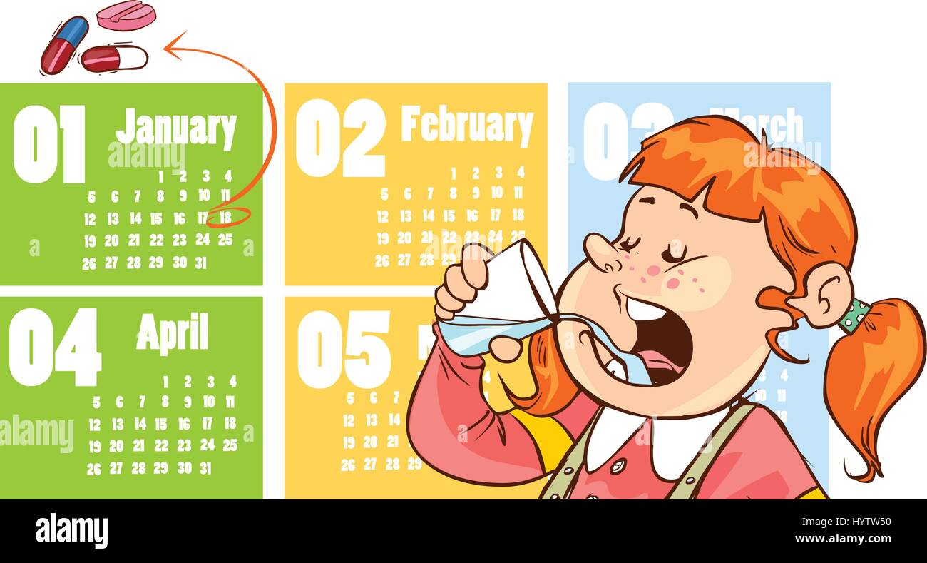 Comprimés marqué jour calendrier de boire en face de l'enfant illustration Illustration de Vecteur