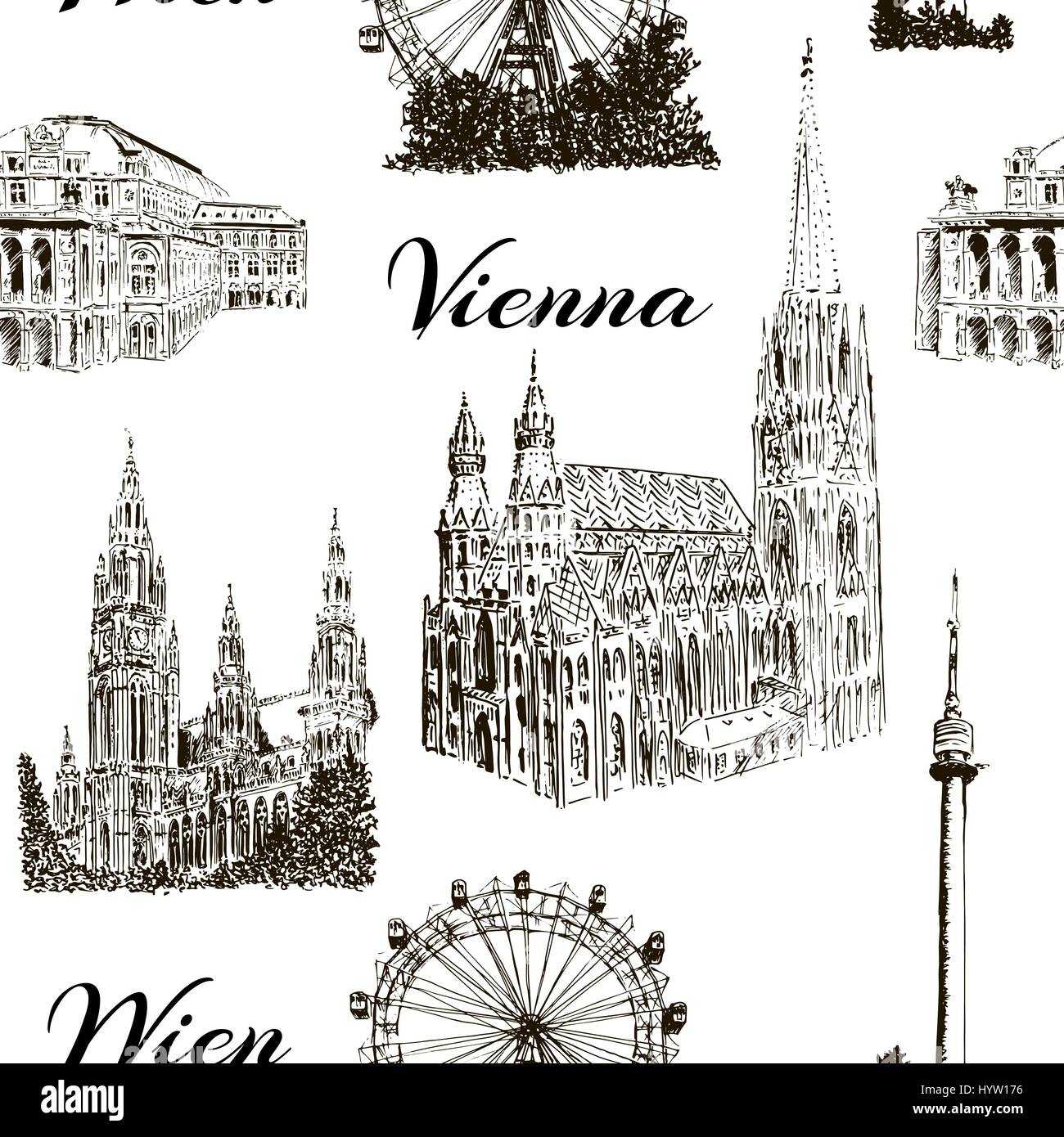 Ensemble de symboles de Vienne. Donauturm, Stephansdom, Rathaus, Prater, l'Opéra de Vienne. Wiener Staatsoper. Croquis dessinés à la main, motif transparent vector Illustration de Vecteur