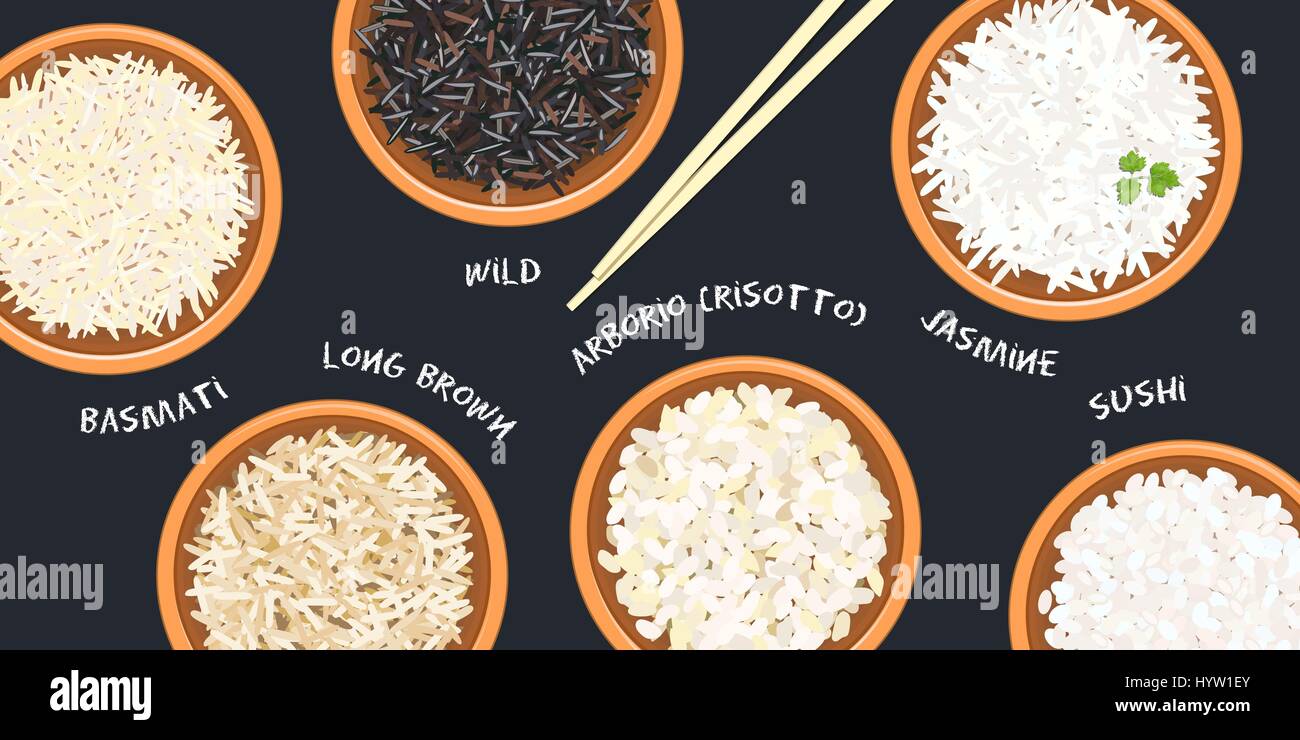 Différents types de riz dans des pots. Sauvages, Basmati, jasmin, long, brun, arborio. sushi baguettes. Cuisine des nattes de bambou, la sauce soupière. Vector illustratio Illustration de Vecteur