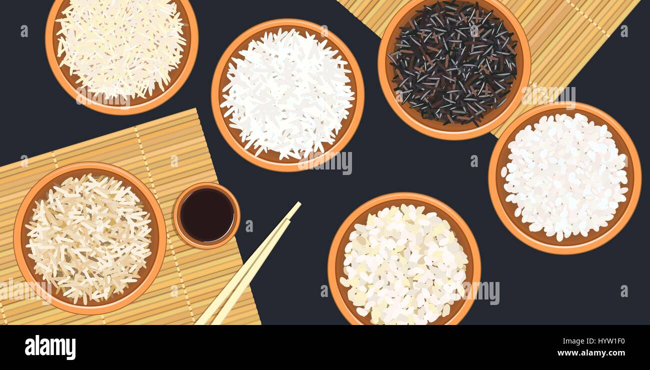 Différents types de riz dans des bols. Sauvages, Basmati, jasmin, long, brun, arborio. sushi baguettes. Cuisine des nattes de bambou, la sauce soupière. Vector illustrati Illustration de Vecteur