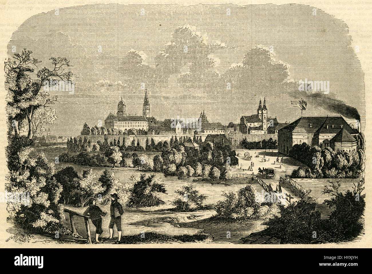 Gravure 1854 anciens, 'View de la ville hongroise de Raab,' par le théâtre sur la droite avec les drapeaux. Gyor (allemand : Raab) est la ville la plus importante du nord-ouest de la Hongrie, la capitale du comté Gyor-Moson-Sopron et Western Transdanubia région. SOURCE : gravure originale. Banque D'Images
