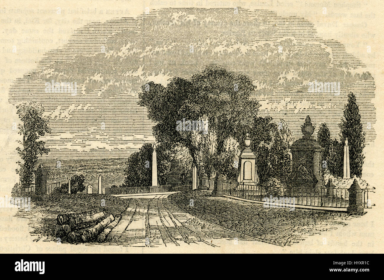 1854, gravure Antique Monument à Vert-bois cimetière. Vert-bois cimetière a été fondé en 1838 comme un cimetière rural dans le comté de Kings, New York. SOURCE : gravure originale. Banque D'Images